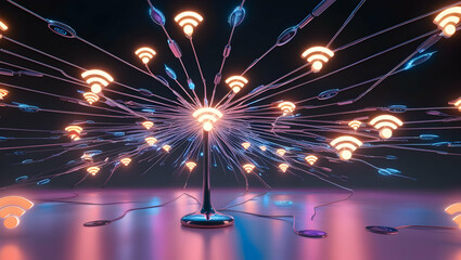 Global Network Wireless Connections Glowing Wifi Symbols Abstract Art