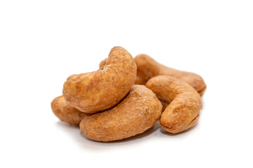 Roasted cashew nuts on white background