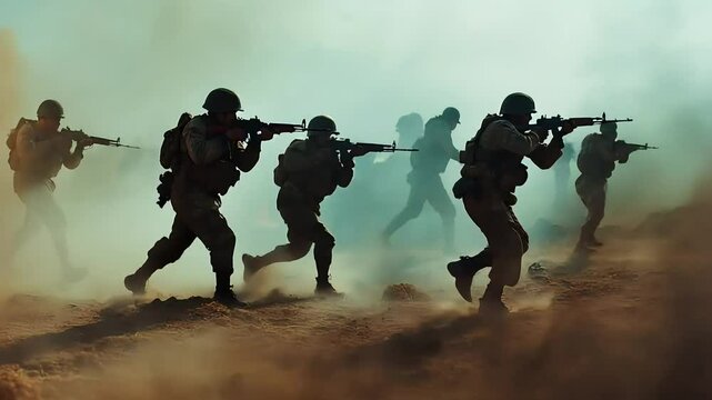 Modern soldiers advancing on battlefield in combat gear during military operation
