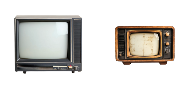 Vintage television sets displayed in retro style home interior. Cut out set