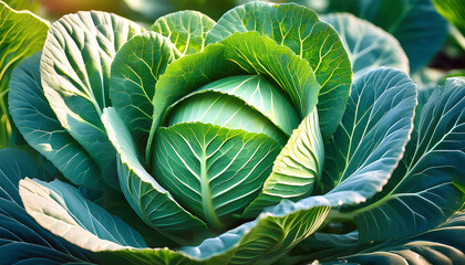Obraz premium Cabbage's Core: A close-up view of a vibrant green cabbage head, showcasing its intricate layers and fresh, textured leaves. A symbol of health, nourishment, and the bounty of nature.