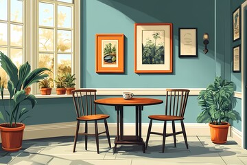 Charming Modern Dining Room: Cozy Interior Design with Natural Light and Blue Walls