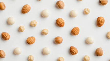 Modern composition of golden hazelnuts and macadamia nuts on white background
