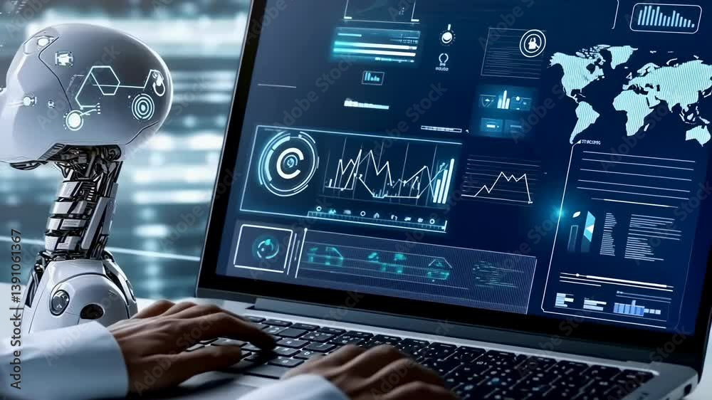 Poster Close up of a robot and hands typing on a laptop with graphs and map visualizations. The image represents the integration of artificial intelligence with human capabilities in business analysis.
