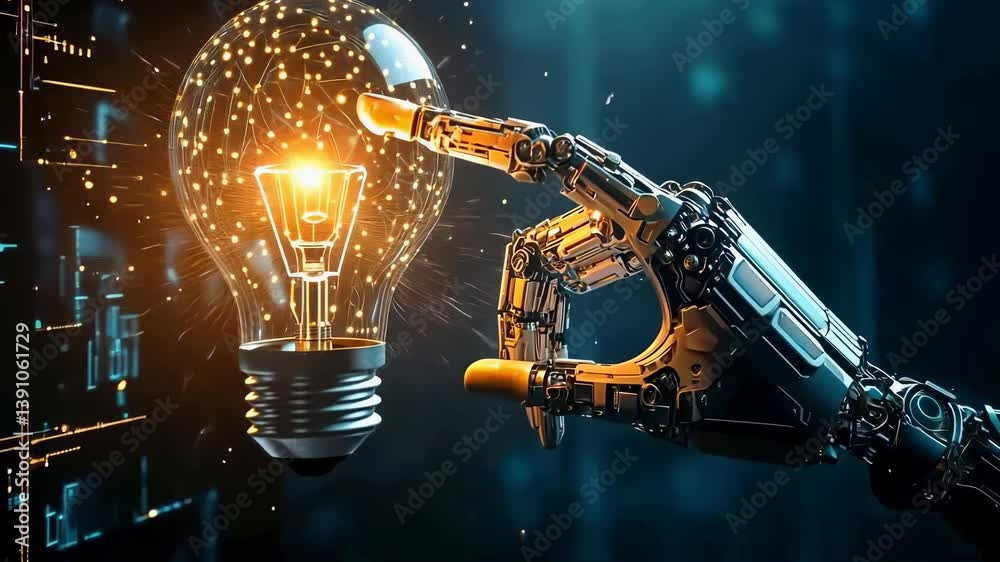 Poster A futuristic scene showcases a robot hand gently touching a glowing lightbulb. The image blends technology and creativity, representing innovation and the generation of new ideas in a digital age.