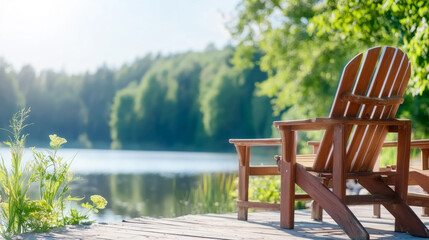Summer serenity: tranquil scene of empty adirondack chairs overlooking a peaceful lake with lush greenery