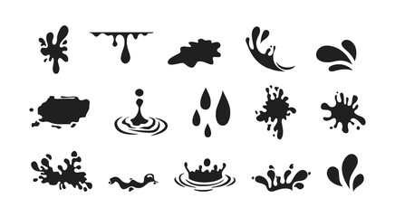 water splash on black vector design set of illustration isolated white background. Monochrome Set of water wave splashes, falling aqua drops, sea or ocean waves.