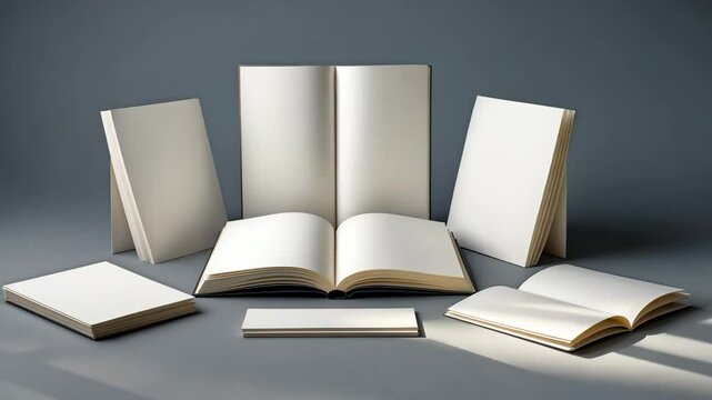 Assortment of blank brochures on a grey background. Mockup providing area for text.