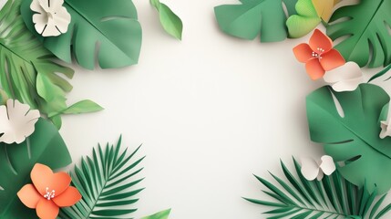Fototapeta premium Tropical paper art frame on white background