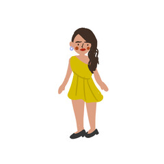 Stylish Woman in Yellow Asymmetrical Dress, Flat Illustration