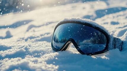 Snow-covered goggles resting in snowy mountain landscape, winter sun