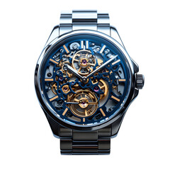 Elegant Blue Skeleton Watch with Delicate Exposed Dial Isolated on Transparent Background