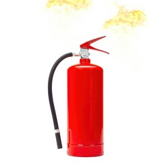Obraz premium Red fire extinguisher against fiery orange background, isolated on white, fire blanket, wildfire, flame