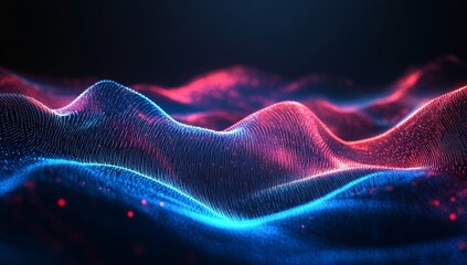 Abstract digital landscape of vibrant particles flowing in wavy patterns, glowing in red and blue hues.  Detailed network structure