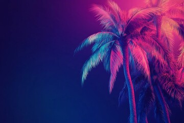 Vibrant palm trees bathed in neon light.  Tropical, glowing foliage against a dark background