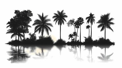 Fototapeta premium Serene Black and White Silhouette of Tropical Palm Trees in Exotic Coastal Landscape - Nature Photography Background
