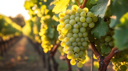 Fototapeta premium Vineyard sunset; ripe green grapes hanging on vine, rows of plants background; wine label