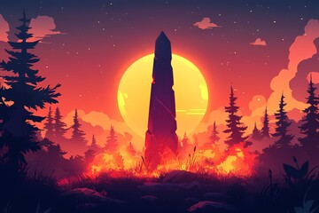 Naklejka premium Mystical Moonrise Over Monument: Fantasy Scenery with Vibrant Colors and Dramatic Lighting in a Serene Nighttime Forest - Vector Illustration