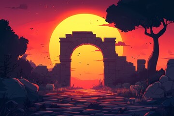 Fototapeta premium Dreamlike Sunset Glow: A Whimsical Illustration of Ancient Ruins and Archways in Nature's Vibrant Evening Sky