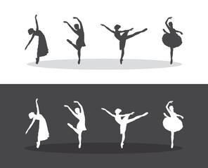 Ballerina silhouette Dancers isolated on white and black background. Vector female ballet dancers.
