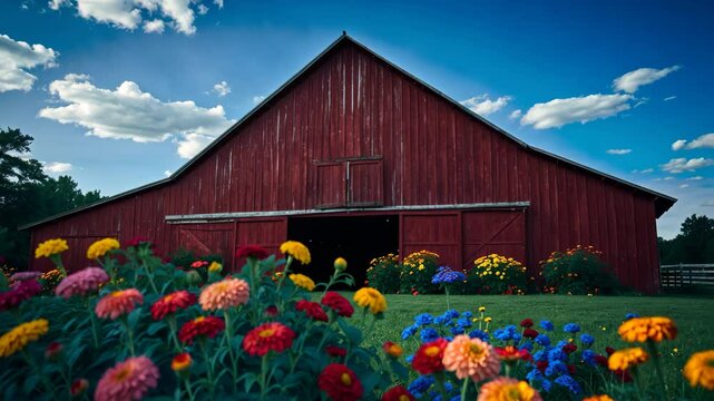 Rustic red wooden barn with a slanted tin roof surrounded by blooming zinnias in the barnyard under a vivid blue sky.