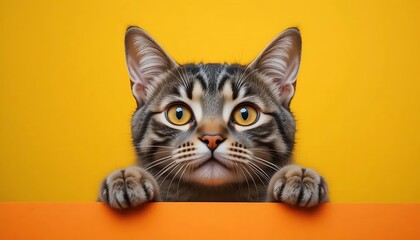 Adorable tabby cat portrait with striking yellow eyes on a vibrant background