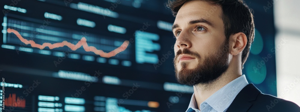 Poster professional man analyzing data with digital graphs in background