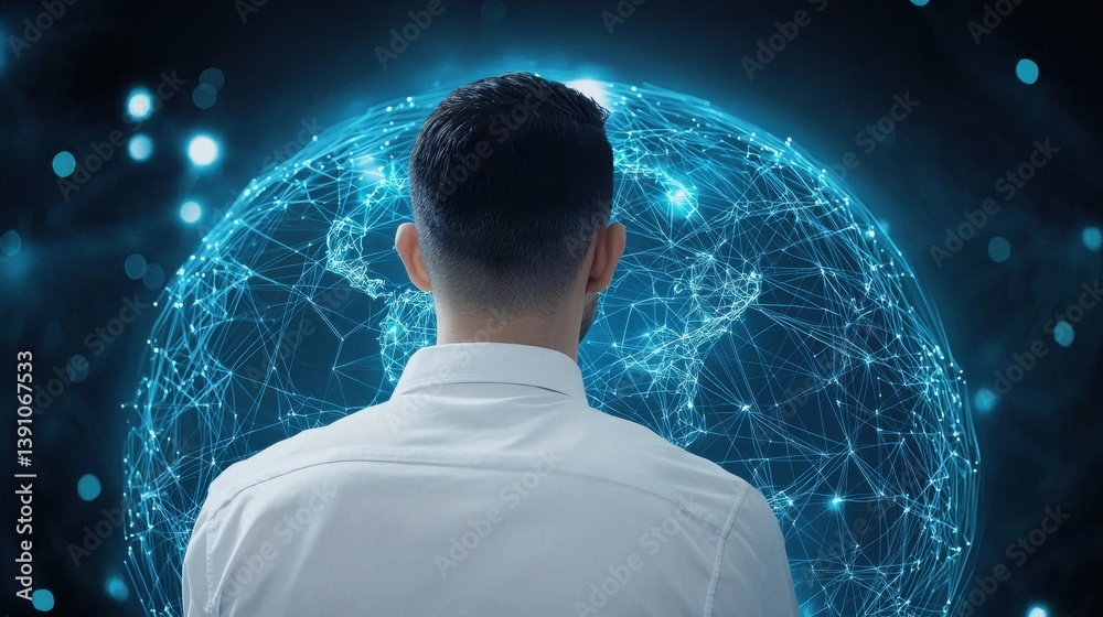 Poster man observing digital globe with network connections and data streams