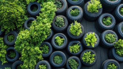 Vibrant Green Life Emerging from Recycled Tires: An Upcycled Garden