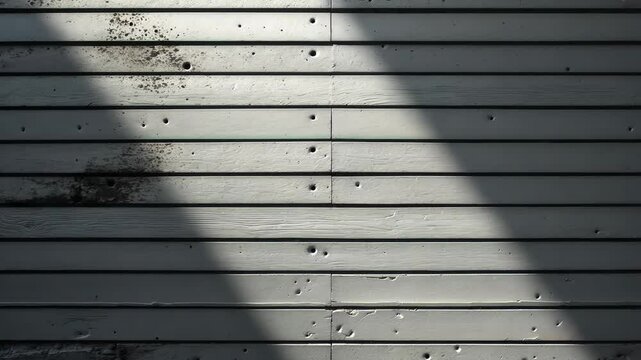 Horizontally arranged old precast concrete slabs with gray staining. The aged gray cement wall surface shows black stains and water damage. Precast concrete wall.