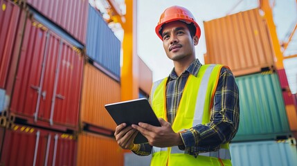 Container terminal worker using tablet for logistics management and cargo inspection process control
