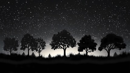 Silhouetted Trees Against Starry Night Sky: Tranquil and Moody Nature Landscape