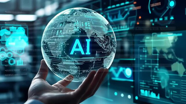 A close-up shot presents hand gently holding glowing, schematic-style globe. The globe prominently displays letters "AI." Digital displays behind feature maps, charts, , data, representing technology
