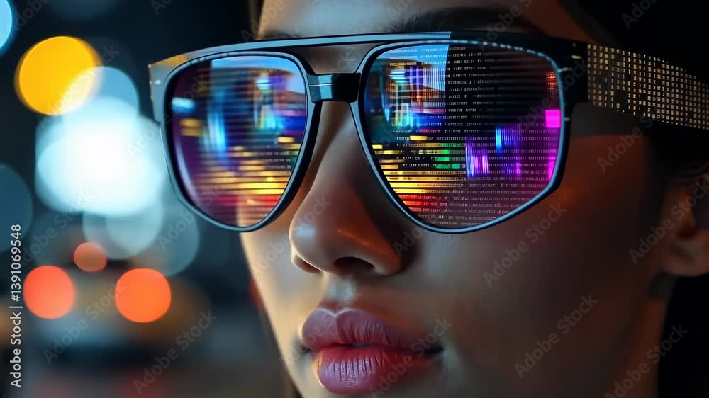 Aufkleber close-up of a person wearing cutting-edge augmented reality glasses. the lenses reflect a vibrant di