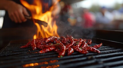 Grilling red chilies, fiery flames, outdoor market, food festival