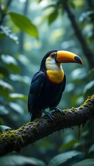 Toco toucan perched in the lush, vibrant heart of the tropical rainforest