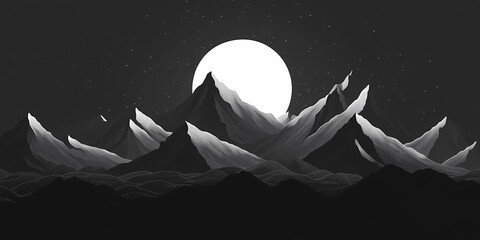 Minimalistic Monochrome Mountain Landscape: Artistic Black and White Sunset Illustration for Tranquil Nature Lovers