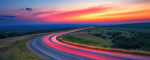 A road with a sunset in the background. The road is curved and the sky is orange and pink