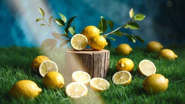 Fresh lemons and lemon slices displayed on a wooden podium amidst green grass and a blue background, showcasing a creative natural-themed advertisement.
