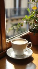 Obraz premium A white coffee cup with steam rising from it sits on a saucer on a table. The cup is placed in front of a potted plant, which is also visible through the window. Concept of relaxation and comfort