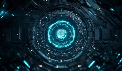 Futuristic, intricate, glowing, technological, circular system.  Inner-sanctum of high-tech mechanism, illuminated by vibrant turquoise energy, exhibiting advanced circuit board technology