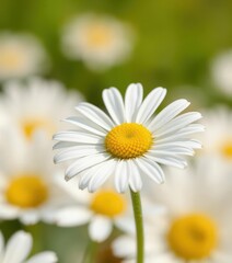 Single delicate chamomile stem, vibrant white background, fresh petals, elegance, summer, delicate