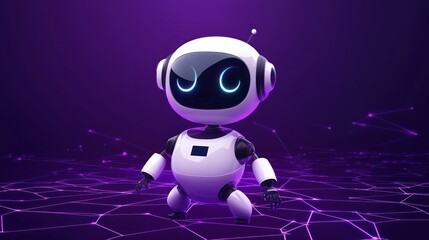 Cute robot, digital network, purple background, AI concept, tech illustration