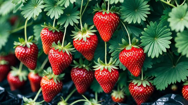 Close-up footage of red strawberries on the plant. Fresh, ripe, large organic fruits picked from the garden. Video concept on gardening agriculture.