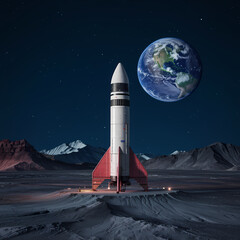 Naklejka premium A sleek rocket with red fins is standing on a rocky celestial surface, with Earth glowing brightly in the background against a starry night sky.