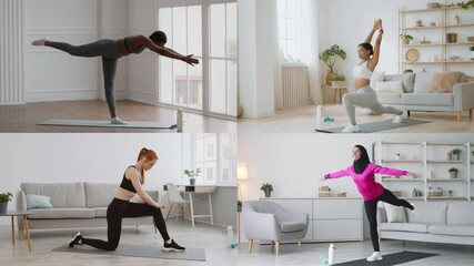 Four individuals perform different workouts in a bright indoor space. They showcase yoga, lunges, and balance exercises while promoting a healthy and active lifestyle.