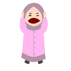 Frustrated Cartoon Woman in Pink Hijab, Hands Over Ears, Open Mouth