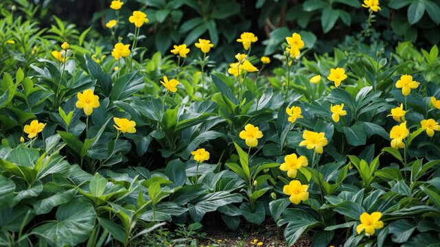 Peanut plant adorned with blooming yellow flowers. Garden of flowers in the background. Yellow flower garden bordered by green leaves.