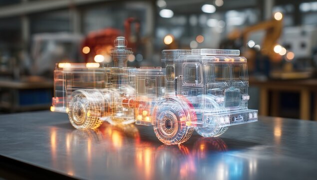 Futuristic digital model of a truck in a workshop setting.