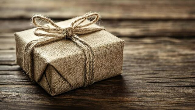 Gift wrapped in burlap twine resting on rustic wooden table surface ready for celebration or special occasion